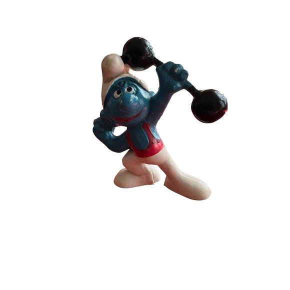 1972 Schleich Smurfs PVC Figure 20020-Barbell Gymnast Smurf w/ Red Shirt - Picture 5 of 6